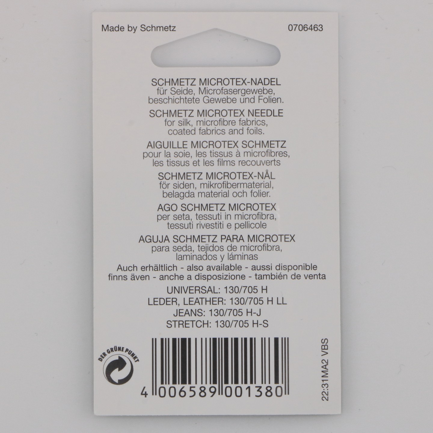 Aiguille Microtex NM 70  130/705 H M pour coutures précises sur tissus fins et délicats